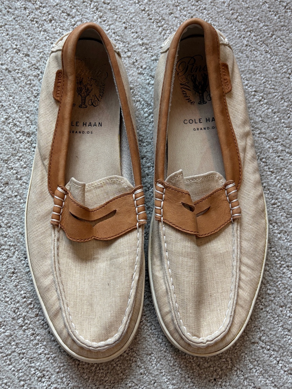 Cole Haan Beige Canvas and Brown Leather Penny Loafers size 10